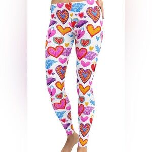 FiercePulse Athletic White & Multi-color Heart Print Workout Leggings Size M